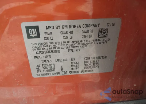 2016 Chevrolet Trax Lt from USA, damaged, VIN KL7CJPSBXGB627088